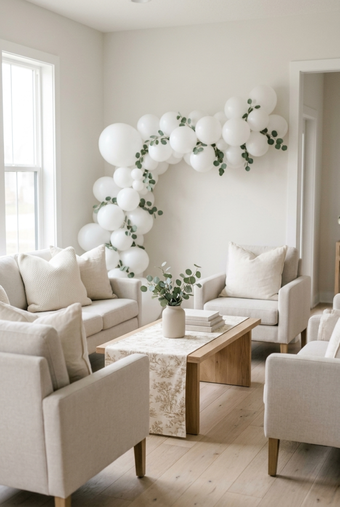 Minimalist baby shower lounge with neutral decor and toile accents