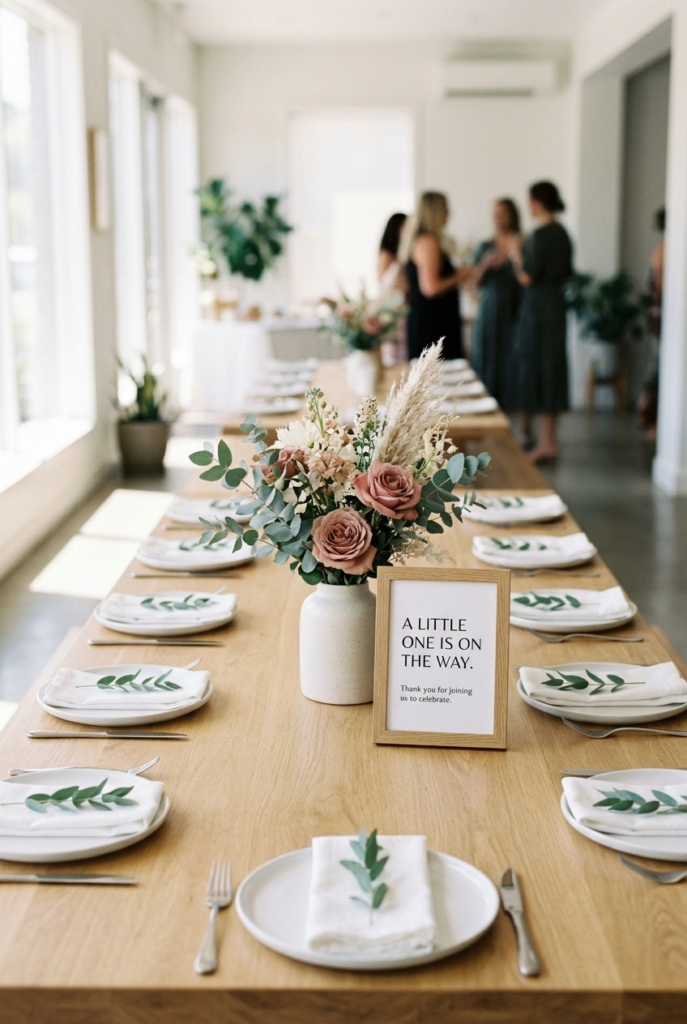 Minimalist baby shower table with single floral arrangement and clean sign