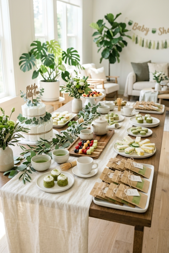 Matcha green baby shower table with tea packet favors