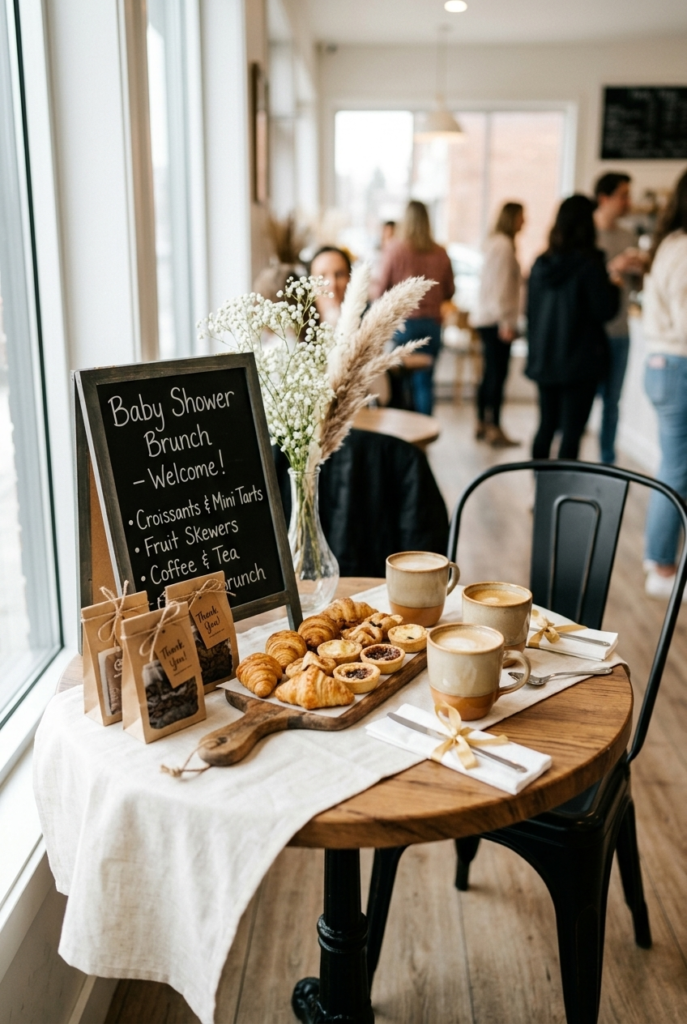 Café brunch baby shower table with pastries and coffee favors