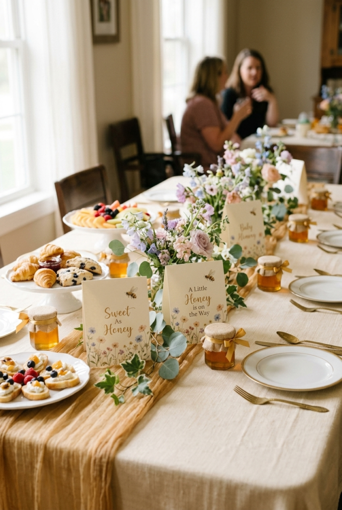 Honey bee baby shower table with honey jar favors and wildflowers