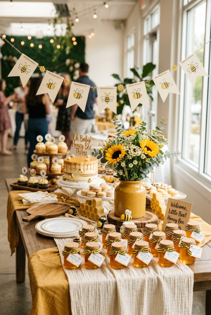 Honey bee themed baby shower table with honey jars and sunflowers