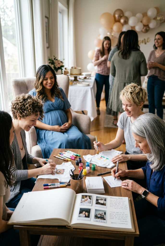 Guests at a baby shower decorating onesies and writing advice cards