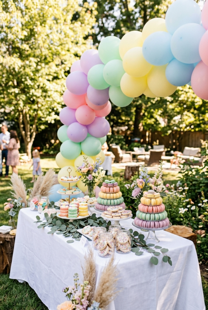 Pastel rainbow baby shower dessert table with balloon garland