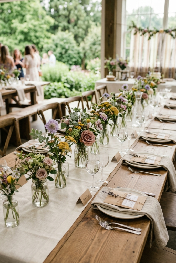 Wildflower baby shower table with bud vases and seed packet favors