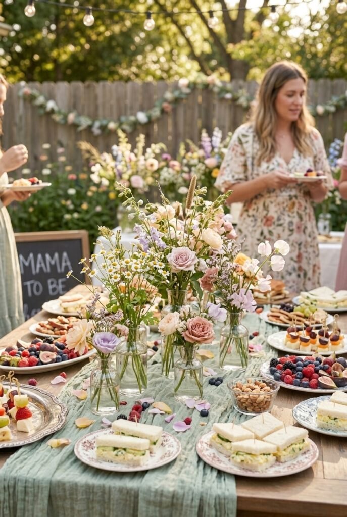 Wildflower garden party baby shower setup