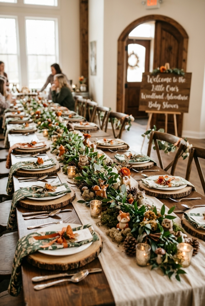 Woodland baby shower table with pinecones and animal figurines
