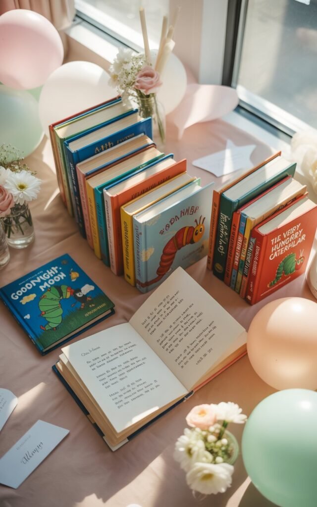 a modern baby shower scene featuring a collection of colorful children's books