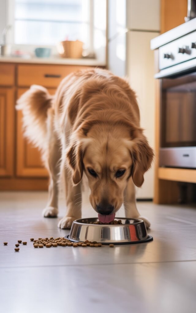 A photograph of a golden retriever eagerly eating
from a stainless steel food bowl on a kitchen floor.