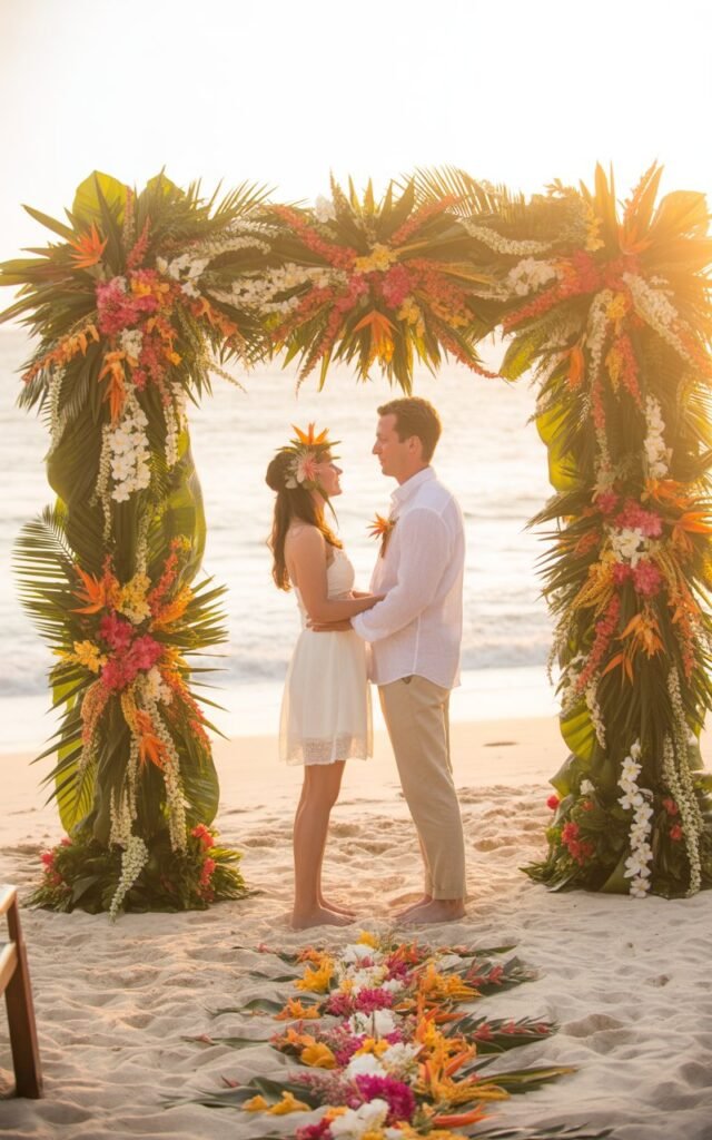 Beach Wedding with Tropical Floral Arrangements
