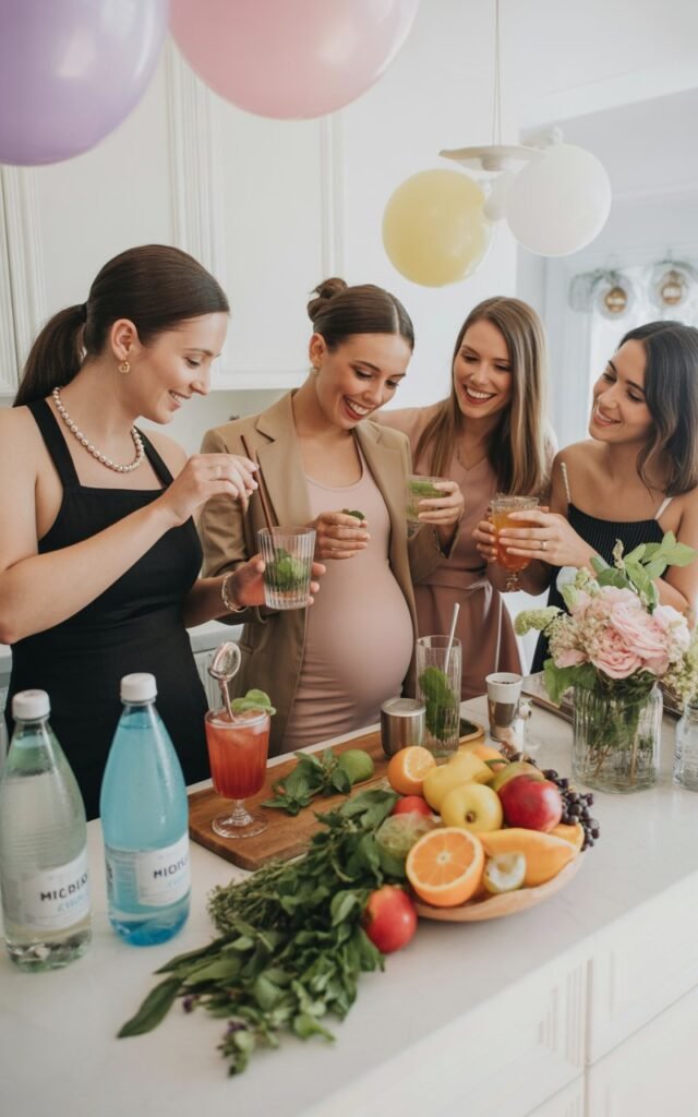 an elegant baby shower mocktail-making class in progress