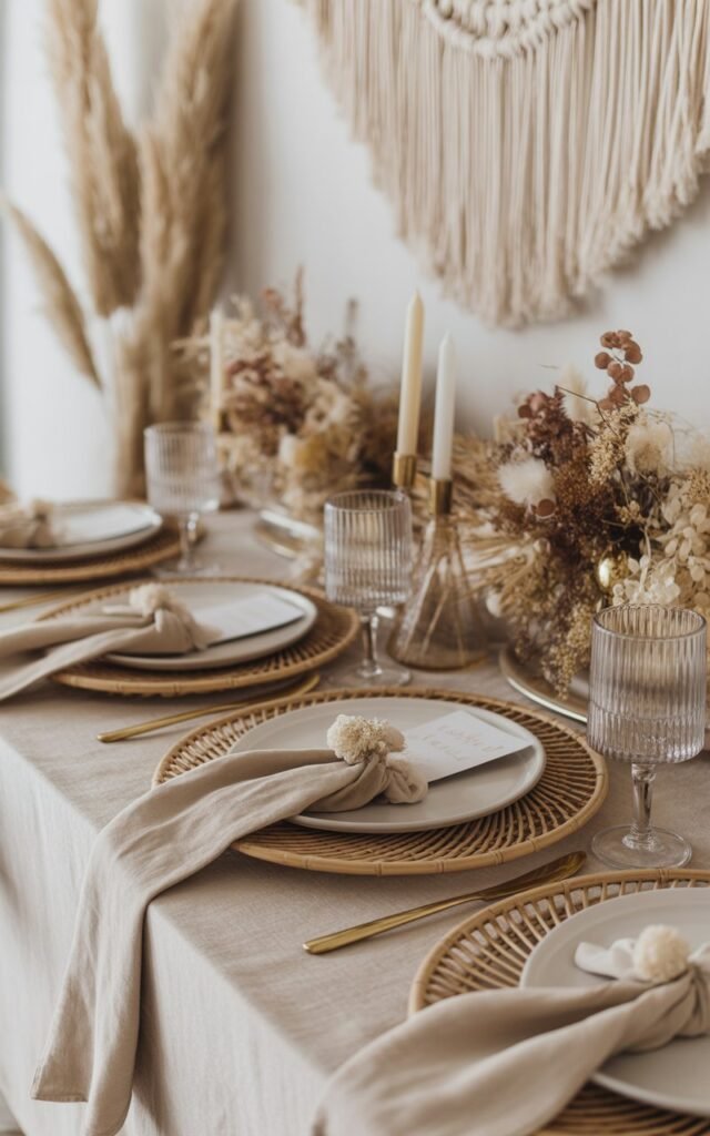 an elegant boho baby shower table setting featuring soft neutral tones of off-white, taupe, warm brown, and muted gold