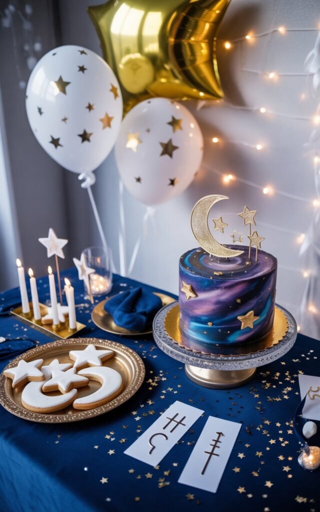 an elegant celestial-themed baby shower setup featuring a beautifully decorated