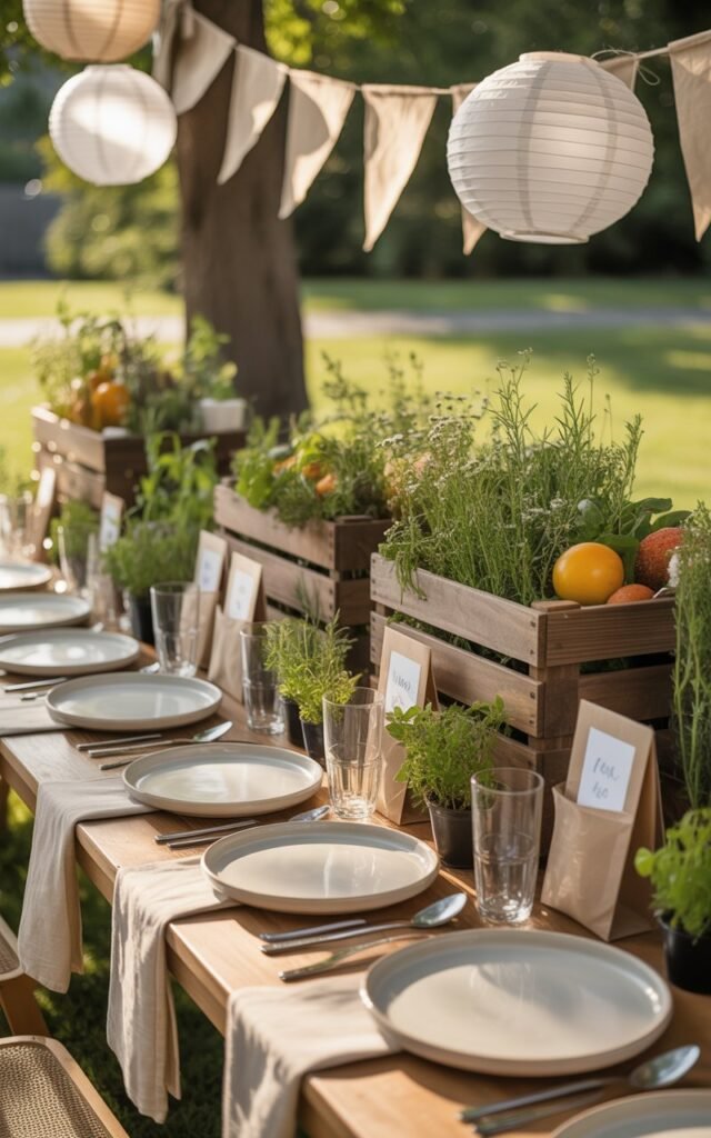 an elegant eco-friendly baby shower setup featuring a beautifully decorated outdoor table