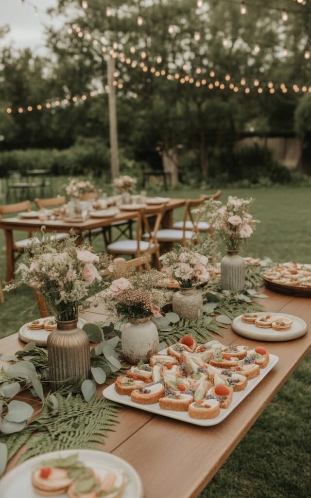 an elegant outdoor baby shower garden party featuring a wildflower theme setup