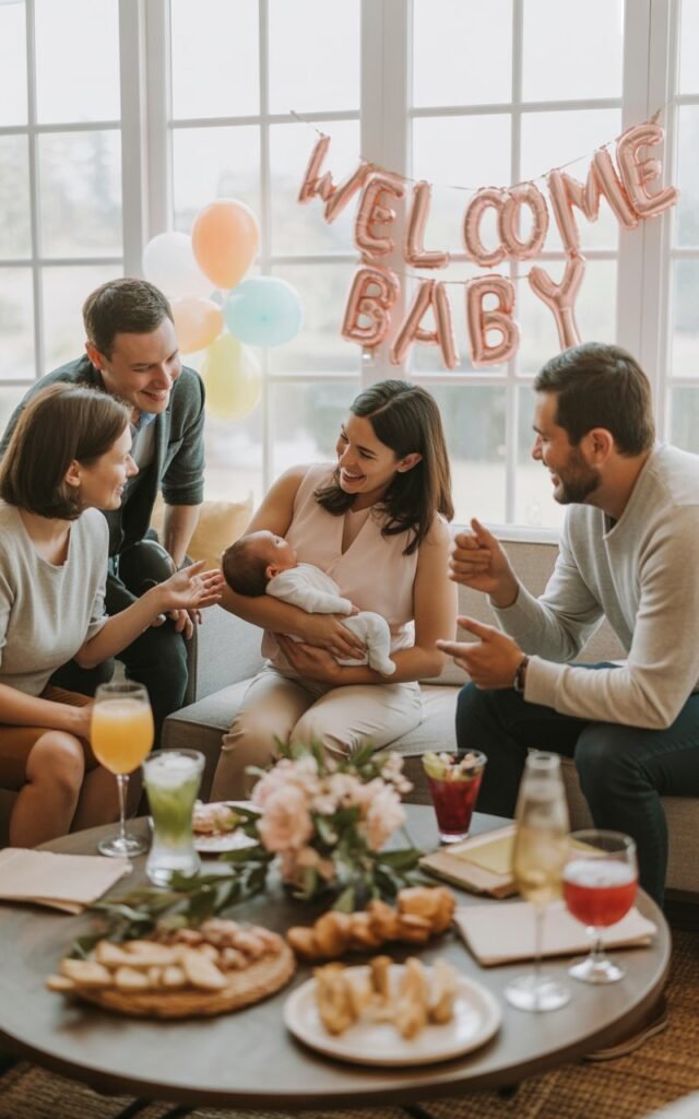 casual post-baby gathering in a bright, modern living room