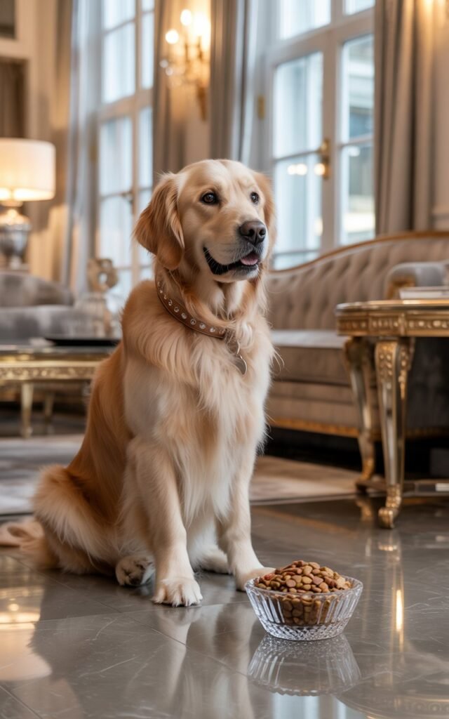 elegant golden retriever with
a lustrous, well-groomed coat sitting regally beside a crystal dog bowl filled with gourmet kibble
