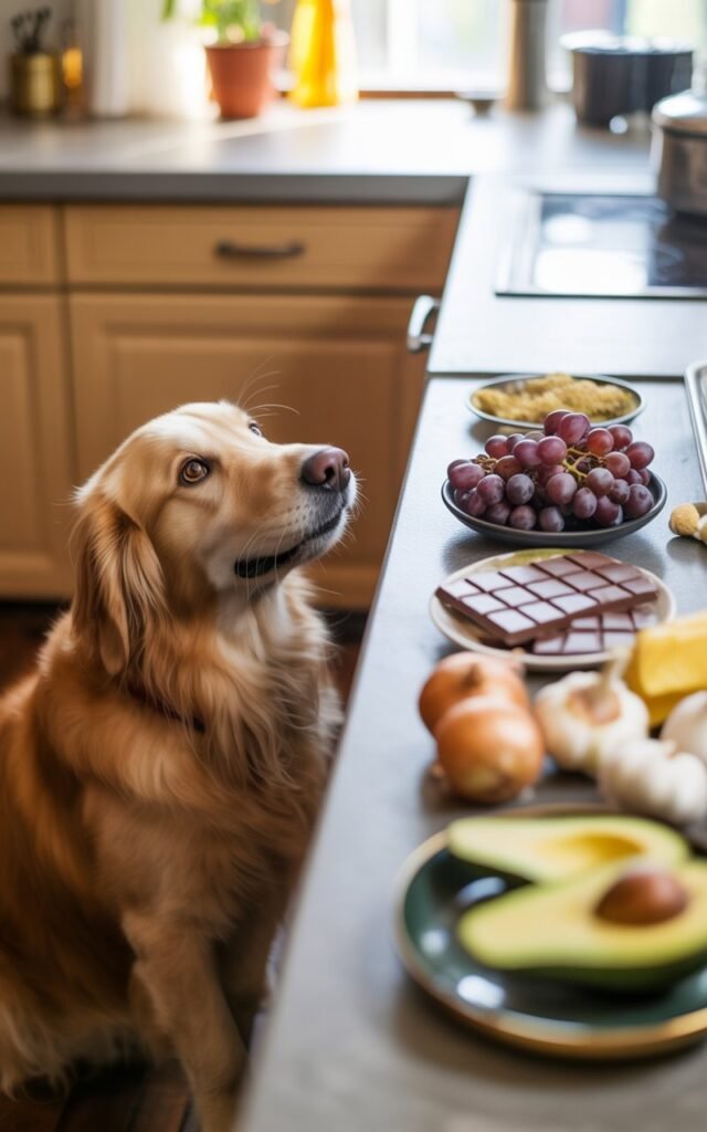 golden retriever sitting attentively next to a kitchen counter displaying common household foods that are toxic to dogs