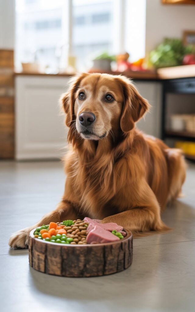 healthy golden
retriever sitting attentively beside a rustic wooden bowl filled with fresh, colorful dog food