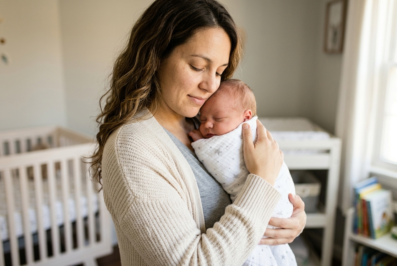Mother soothing her newborn baby held upright against her shoulder