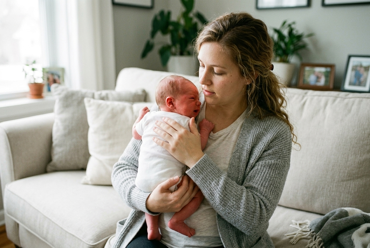 Mother holding fussy newborn upright against her chest at home