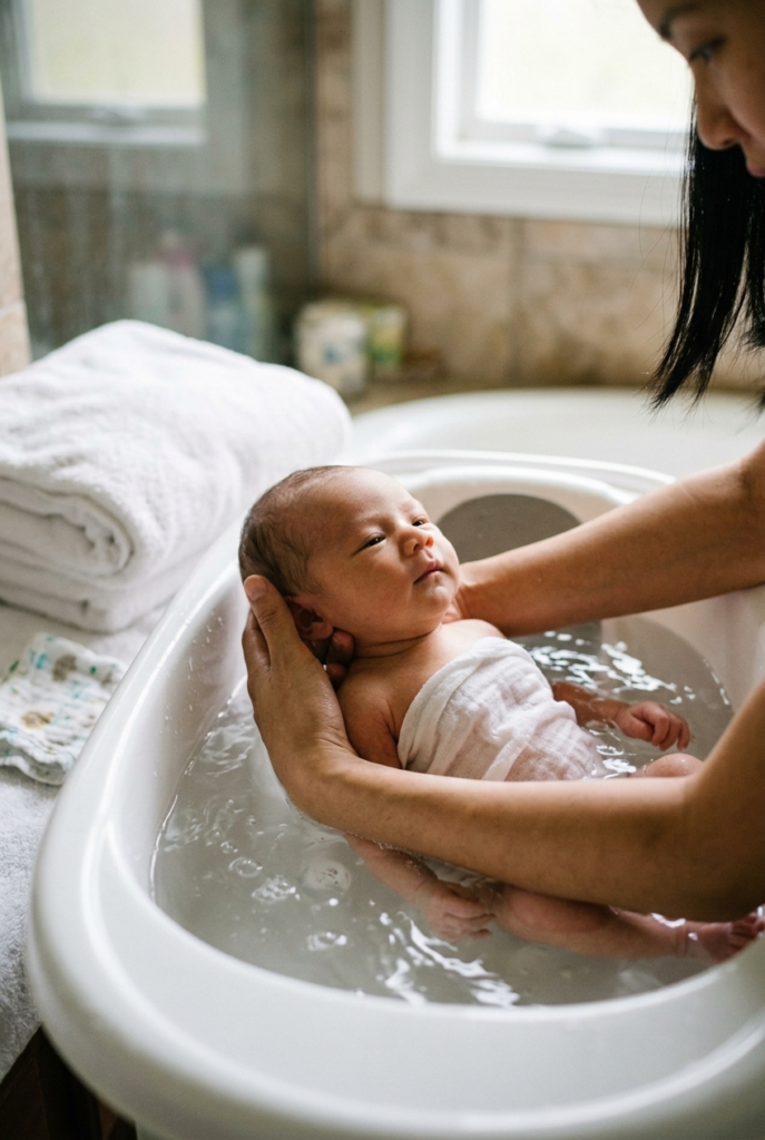 Newborn relaxing in warm bath held by parent
