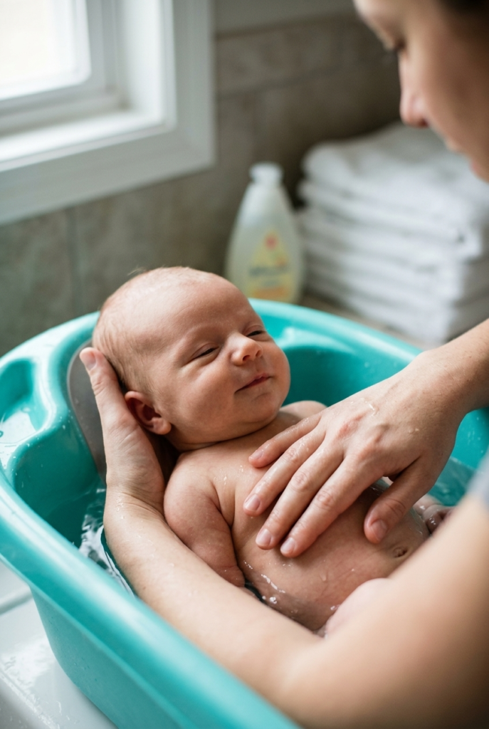 Mother bathing newborn and massaging belly in warm water