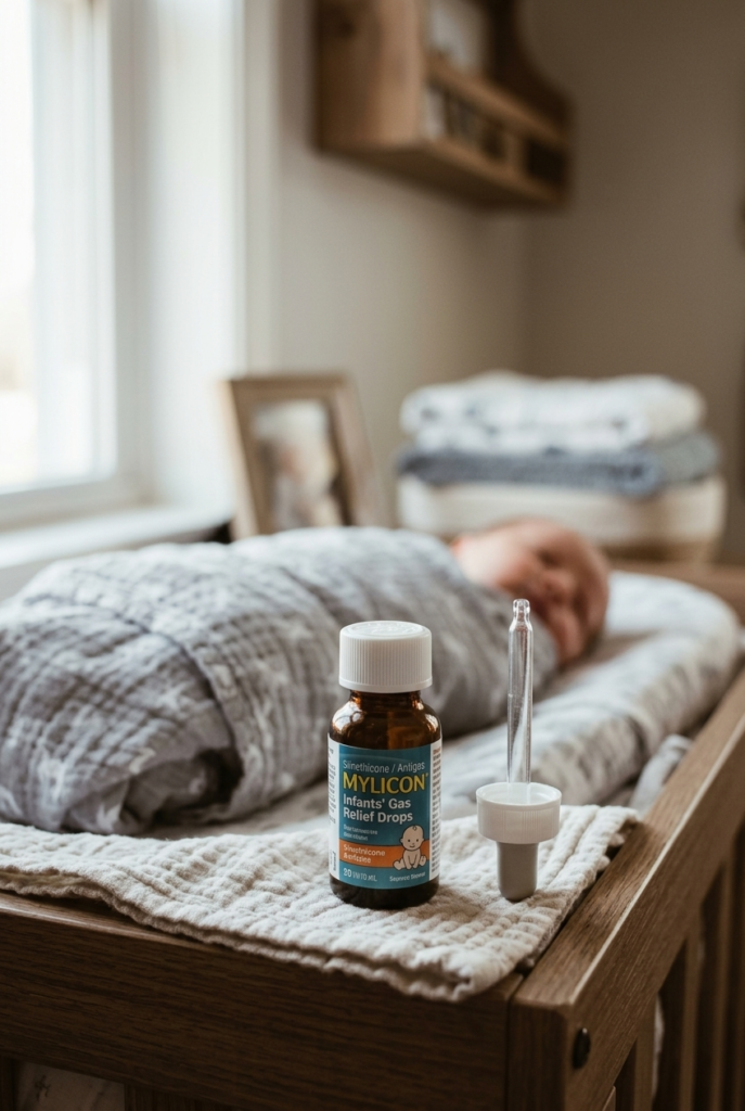 Infant gas relief drops bottle with dropper in nursery