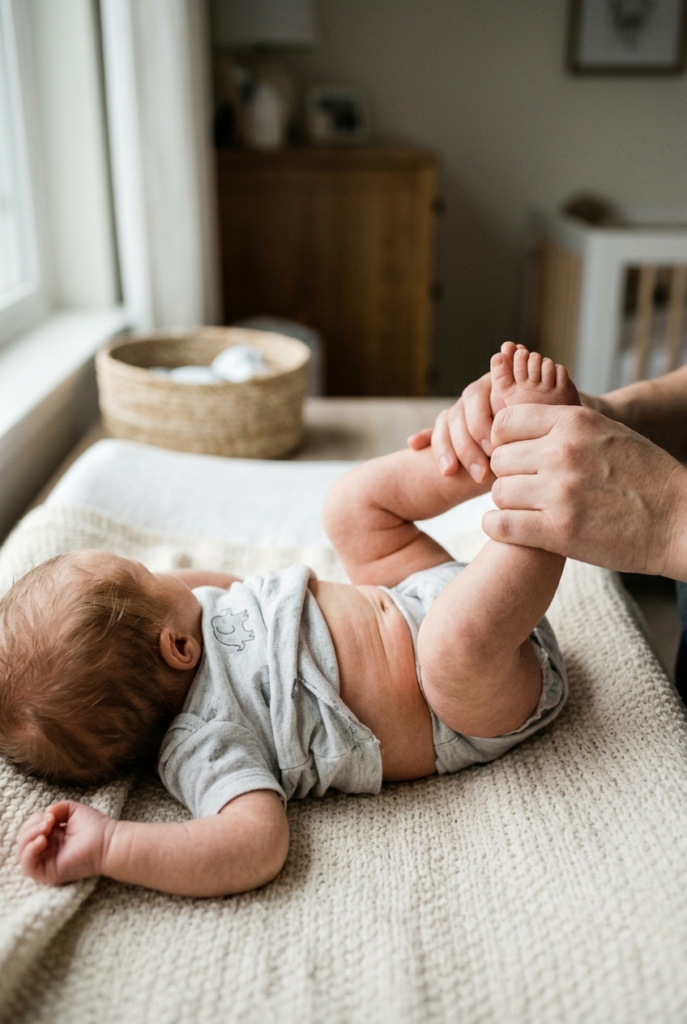 Parent moving newborn legs in bicycle motion for gas relief
