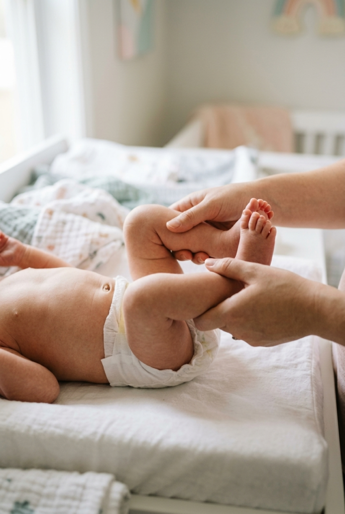 Baby's legs gently pedaled in bicycle motion to relieve gas