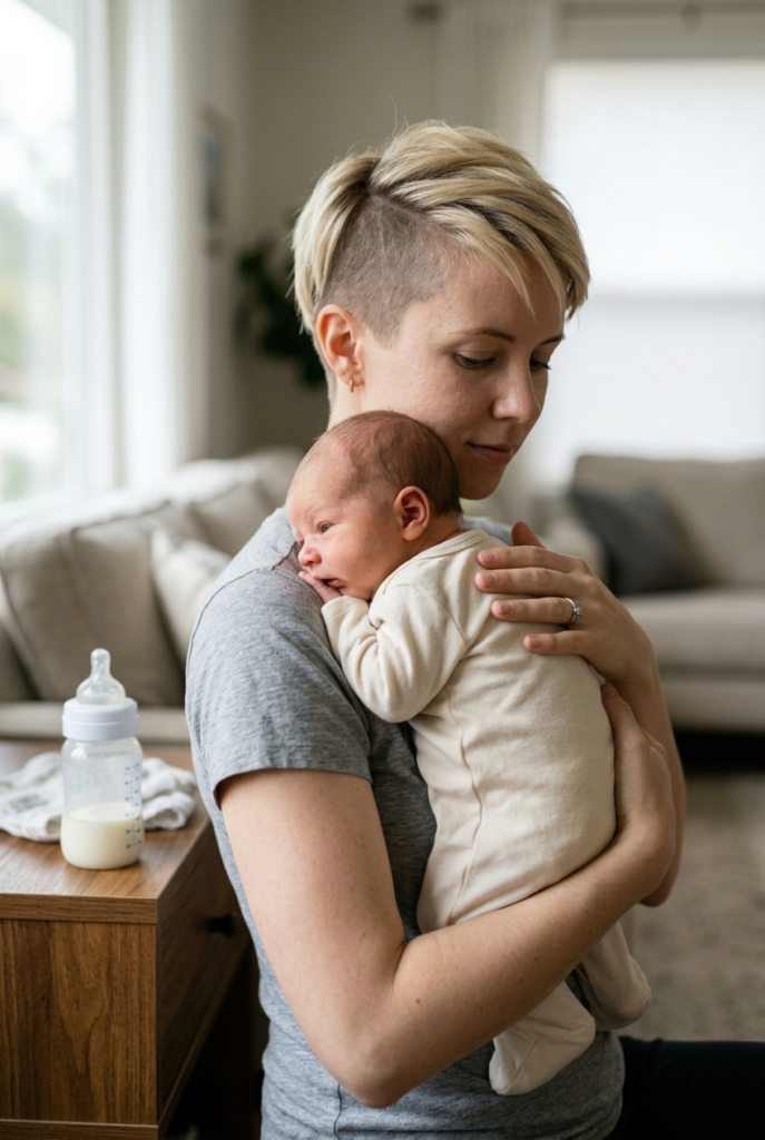 Mother burping newborn baby halfway through a feeding
