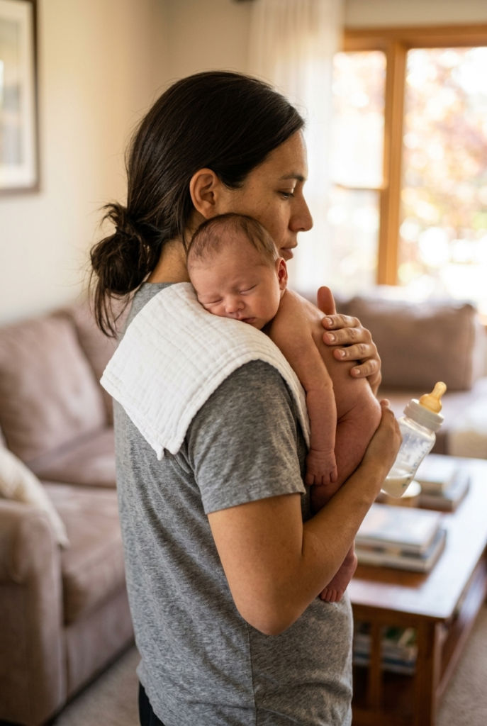 Parent burping newborn upright against shoulder mid feeding