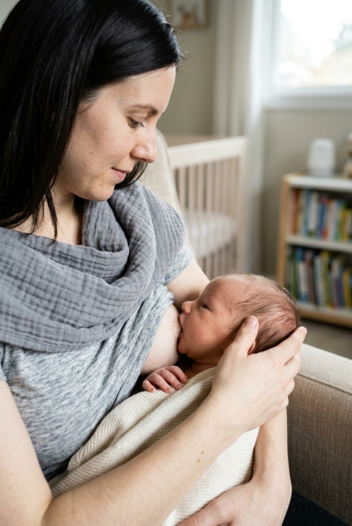 Mother breastfeeding newborn with deep proper latch