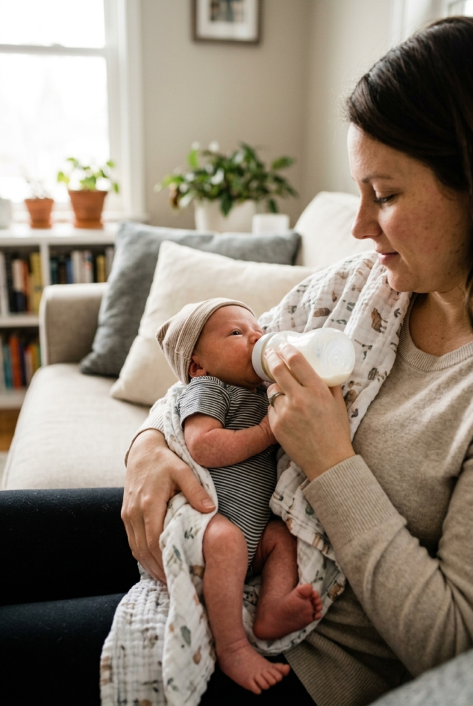 Mother bottle feeding newborn in an upright position