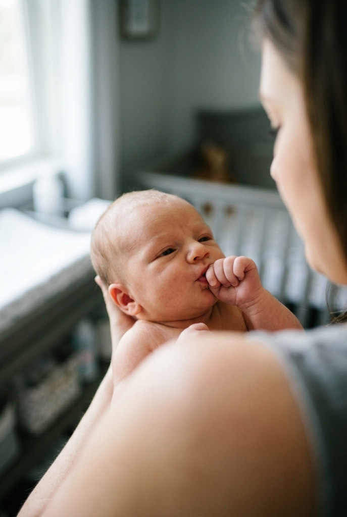 Newborn showing early hunger cues before being fed