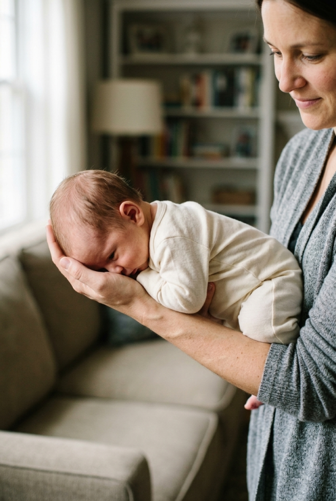 Mother holding newborn in football hold position for gas relief