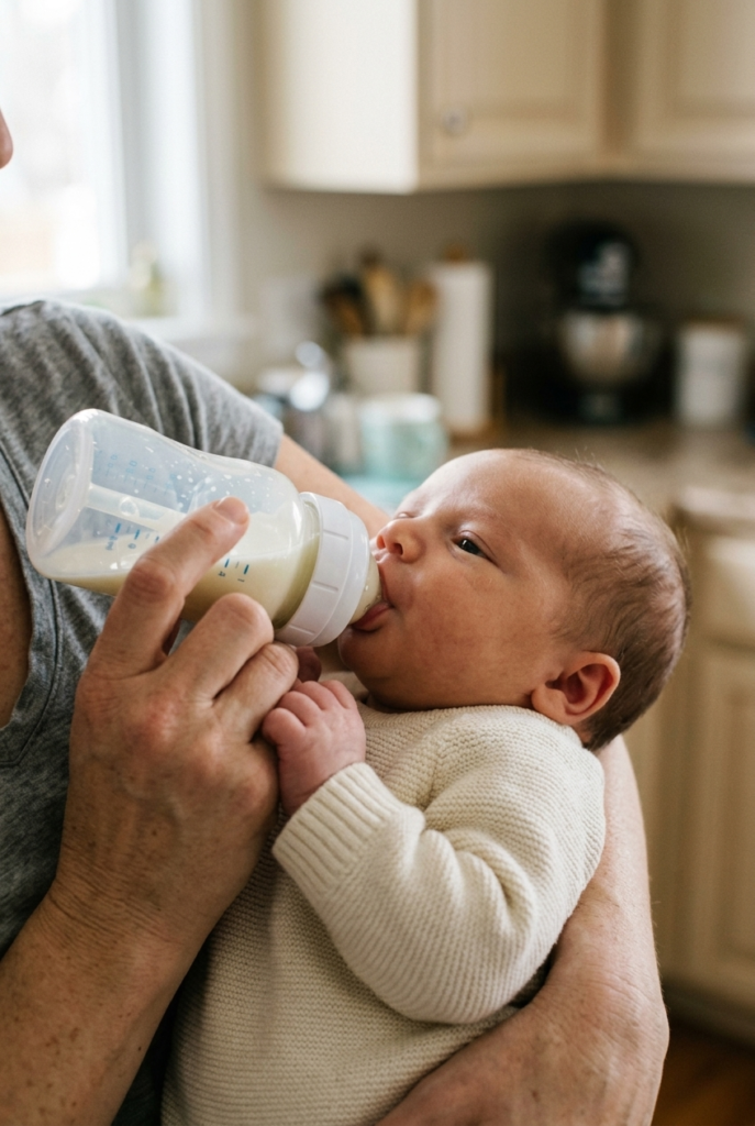 Newborn calmly bottle feeding with a slow flow anti colic bottle