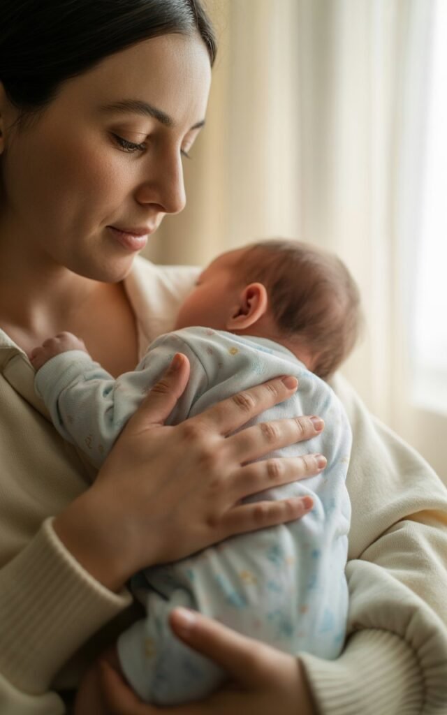 mother trying Newborn Gas Relief through Strategic Burping method