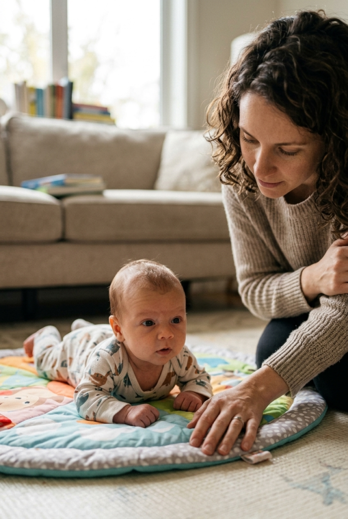 Newborn on stomach during supervised tummy time