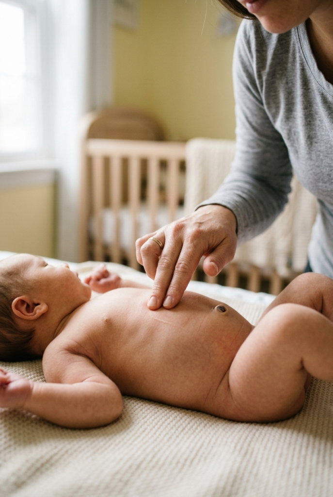 Mother massaging newborn belly in I Love You pattern