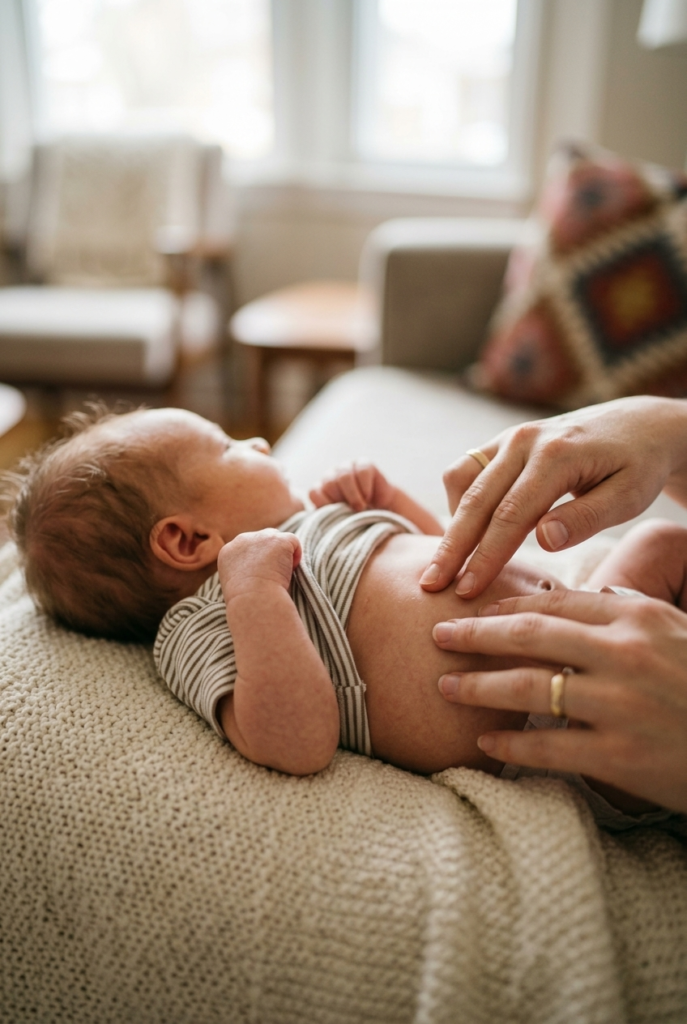 Parent tracing gentle massage pattern on newborn belly