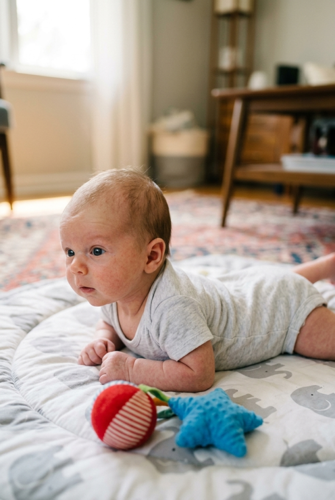 Newborn baby doing tummy time on a play mat with toys nearby