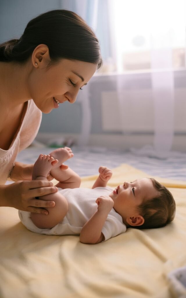 mother trying Newborn Gas Relief through Bicycle Leg Movements method