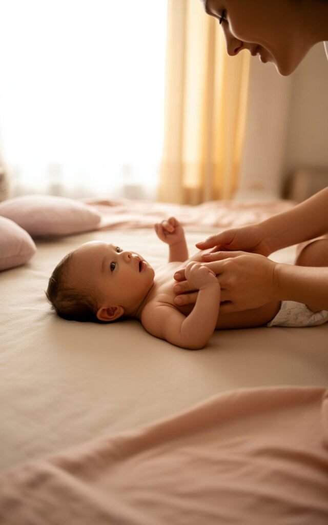 mother trying Newborn Gas Relief through Placing the baby on his stomach