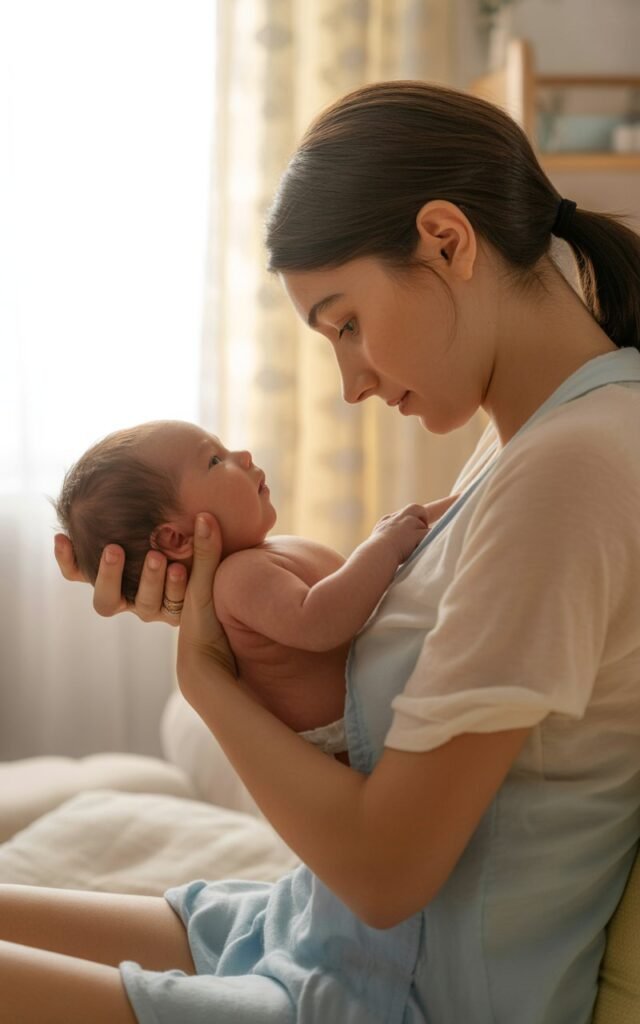 mother trying Newborn Gas Relief through Upright Feeding Position method