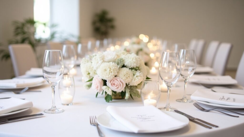 A beautifully arranged minimalist wedding decor setup featuring elegant table settings with simple white linens and delicate floral arrangements
