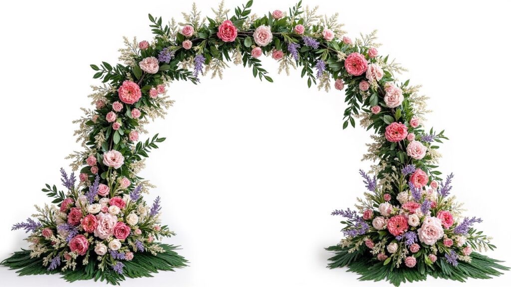 A beautifully crafted floral wedding arch design, adorned with an array of vibrant blossoms in varying shades of pink, white, and lavender