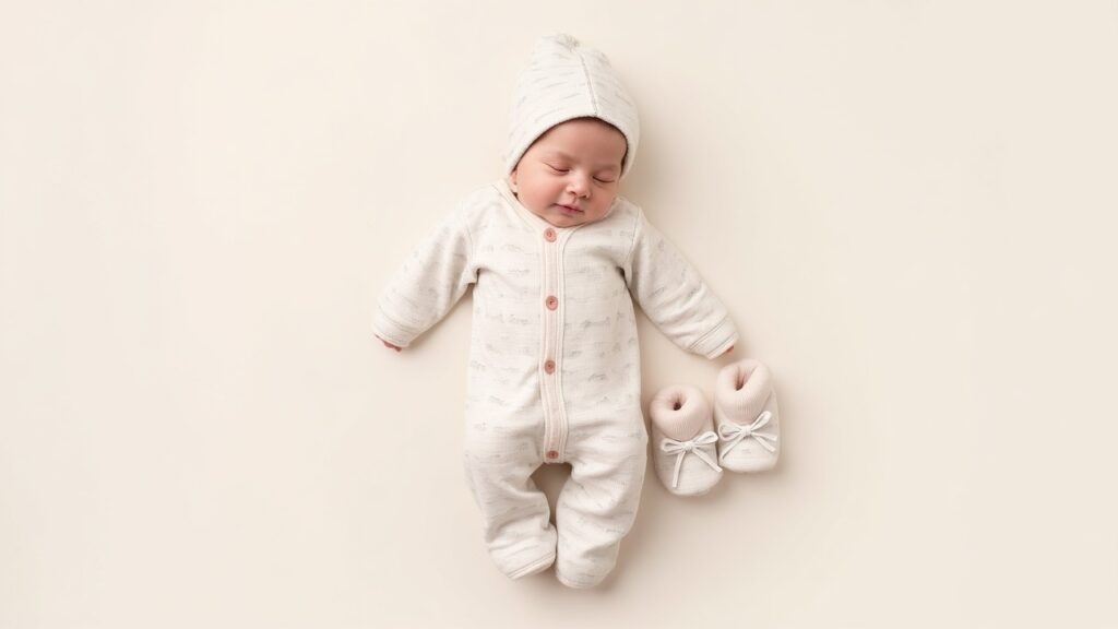 A cozy and adorable newborn outfit, featuring soft, breathable fabric in pastel colors. The design includes a snug onesie with charming patterns, complemented by a matching hat and booties