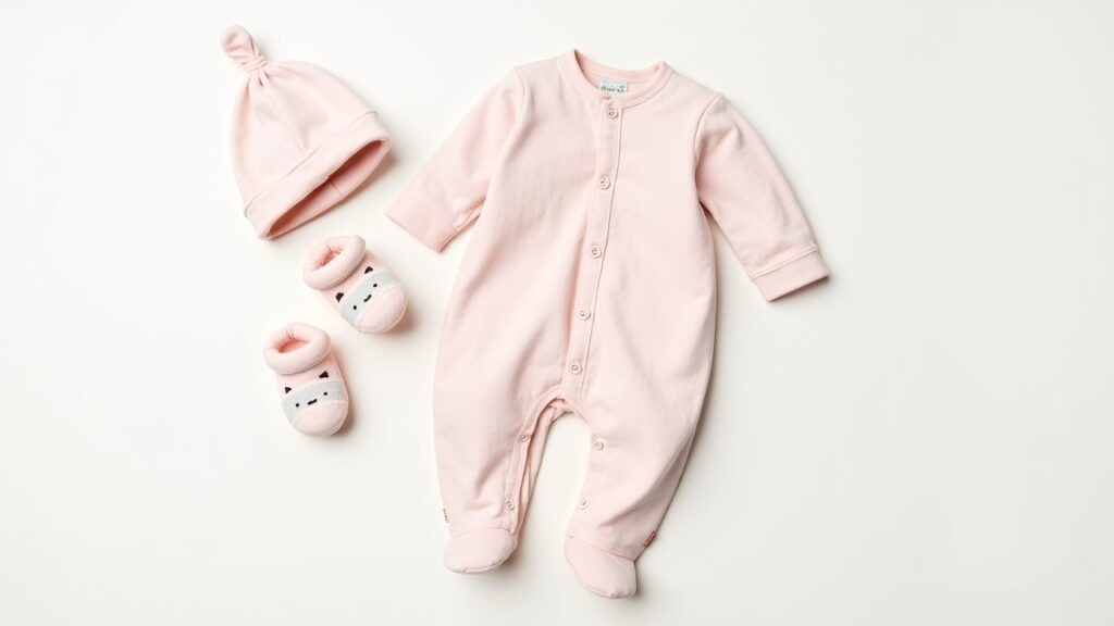 A cozy and adorable newborn outfit, featuring soft, pastel colors and intricate details such as tiny buttons and delicate patterns