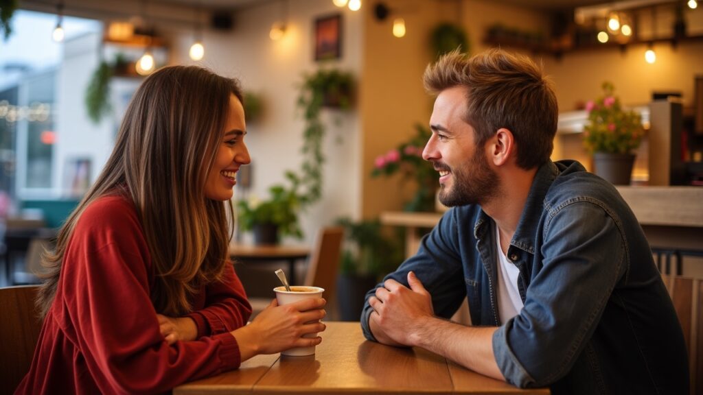 A heartwarming scene of a man and woman enjoying a cozy date at a charming caf